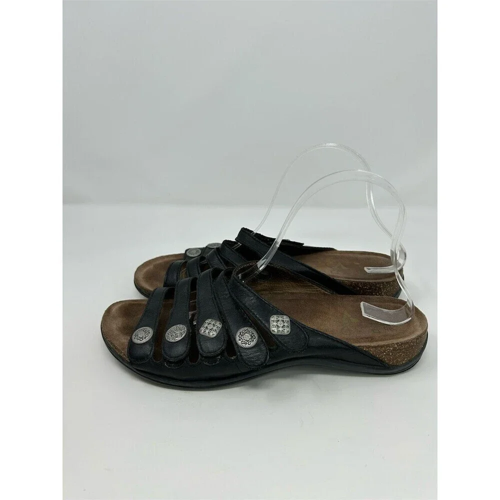 Dansko Black Leather Strappy Silver Medallions Slide Sandals Comfort Cork 41